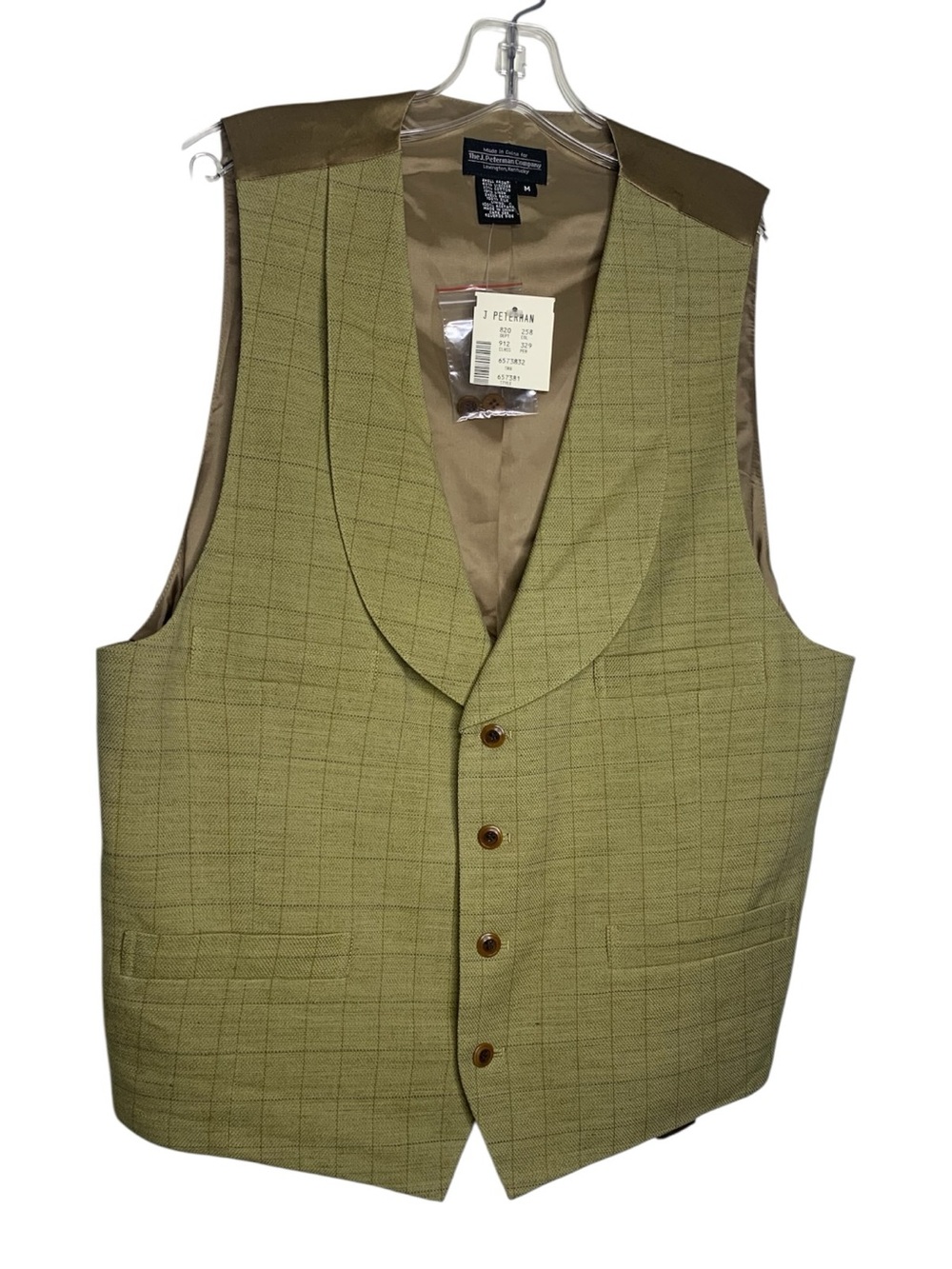 Deadstock Vintage J Peterman Tan Plaid Waistcoat Vest NOS Shawl Horseshoe Lapel